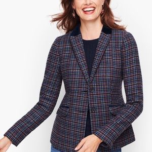 TALBOTS wool blend plaid blazer jacket velvet trimmed navy plum size 16